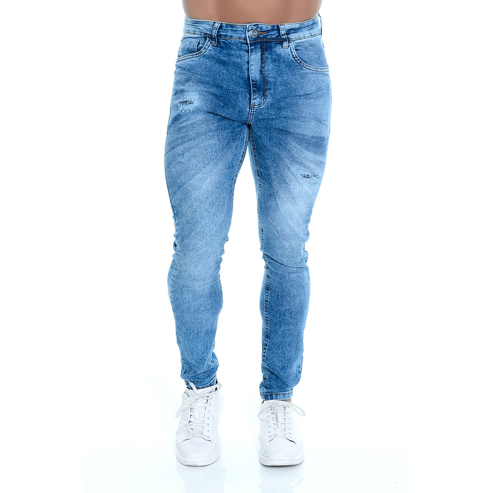 Calça Jeans Masculina Rasgada Slim Com Puídos Azul - emporioalex