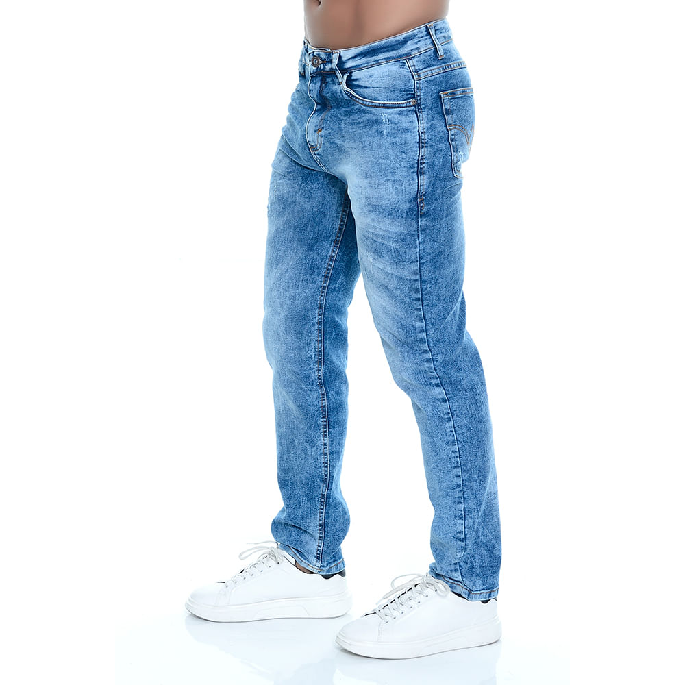 Calça Jeans Masculina Comfort Com Puídos Azul Claro Elastano - emporioalex